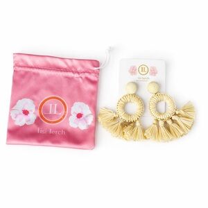 Lisi Lerch Cream Raffia Tassel Fringe Hoop Earrings| Natural Straw NWT